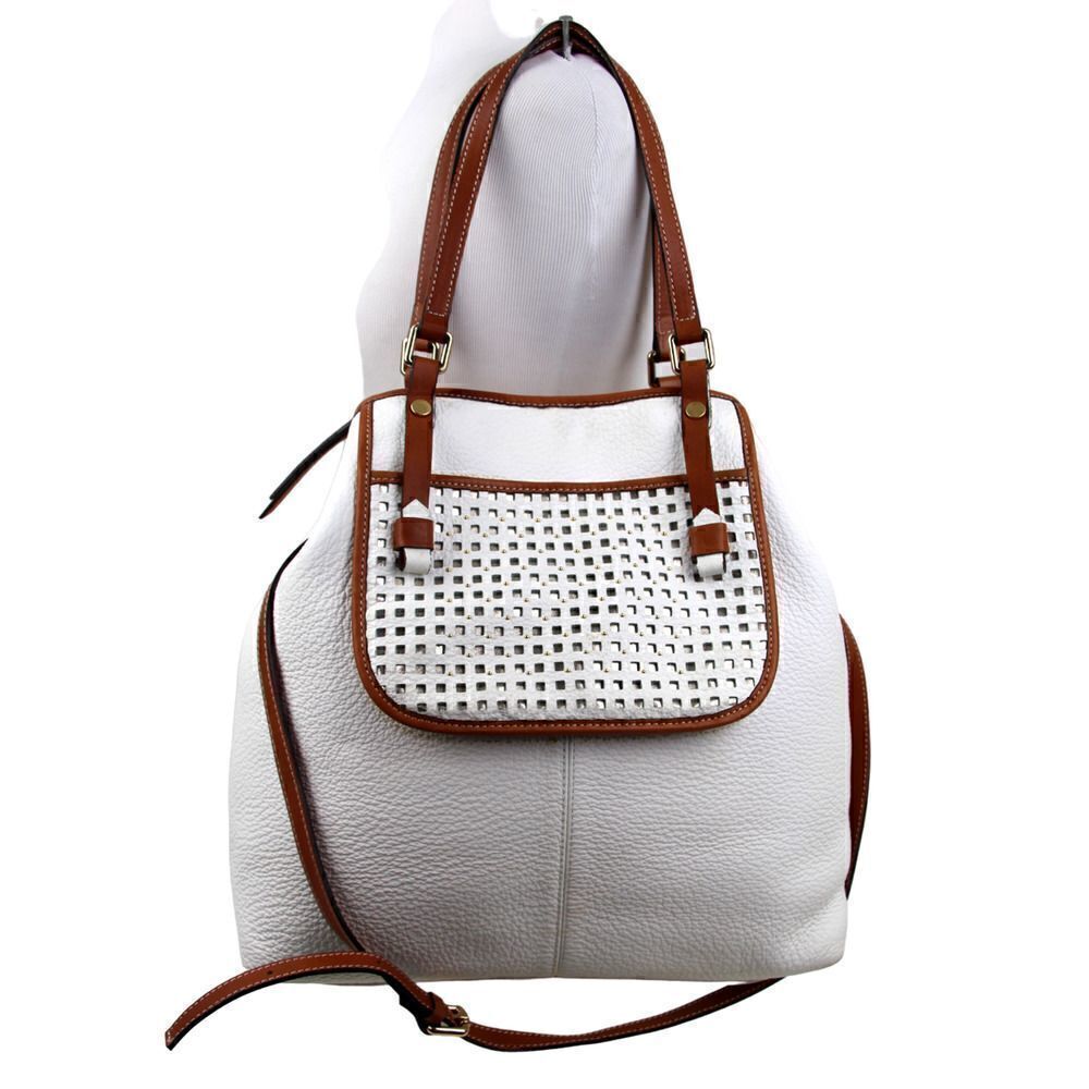 LARGE ASIA BELLUCCI ITALY WHITE BROWN GENUINE LEATHER SHOULDER BAG XBODY PURSE